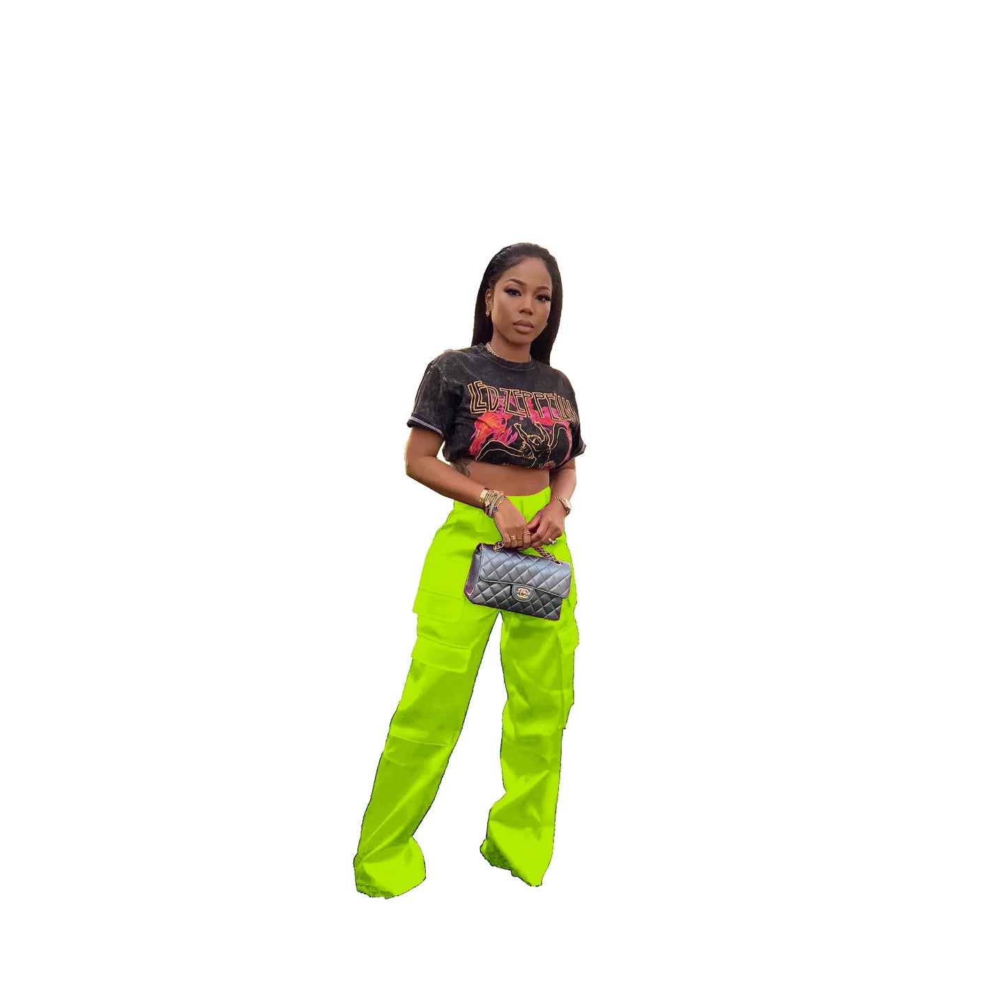 Pantaloni cargo in raso da donna colore verde fluo
